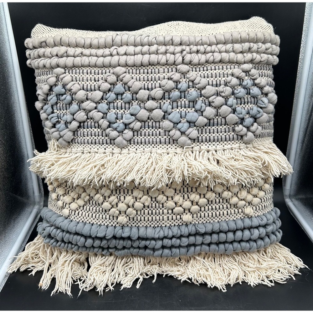 Decorative Pillow Chunky Woven Pillow 20x20 Blue‎ Beige Cream Boho Fringe